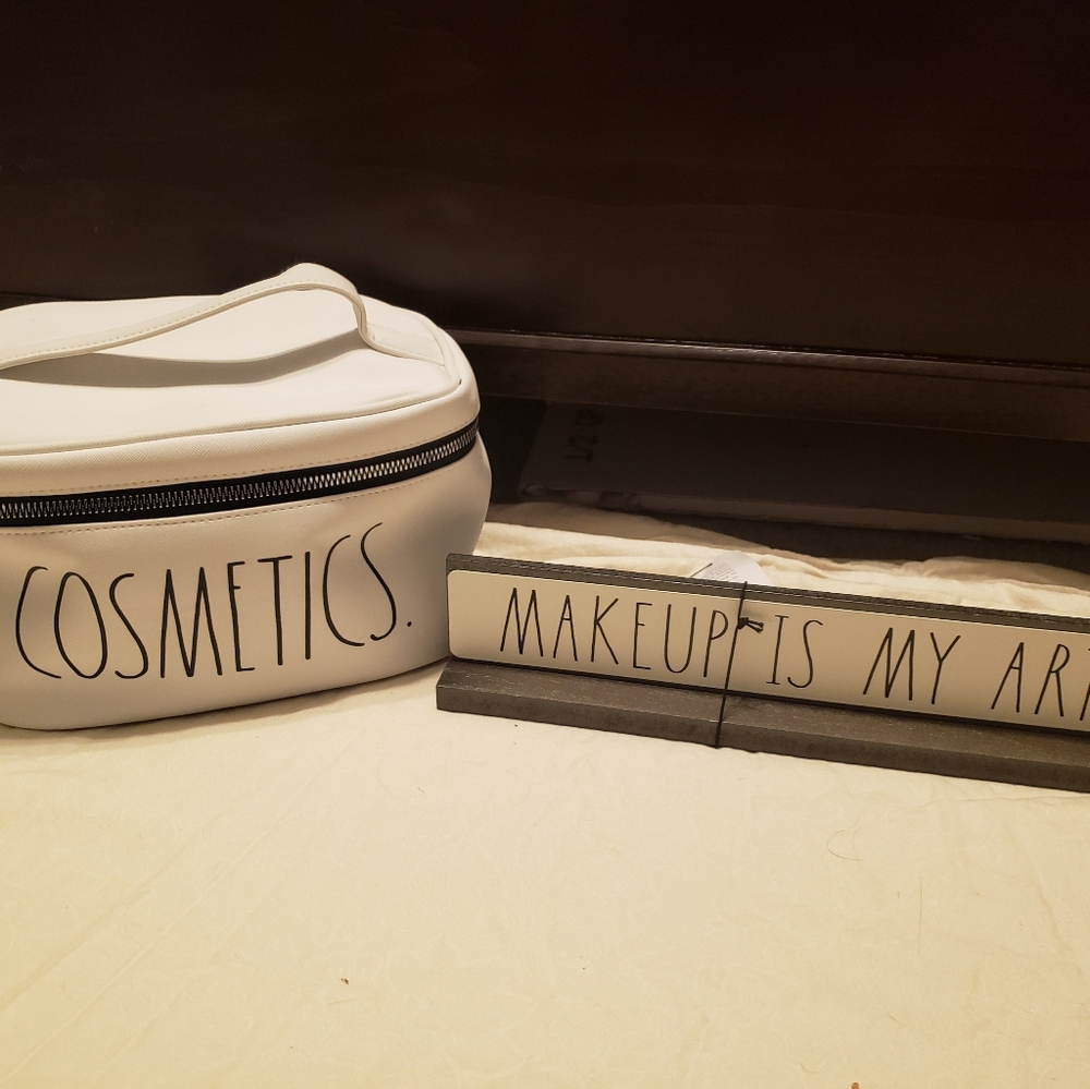 Rae Dunn cosmetic bag and makeup sign